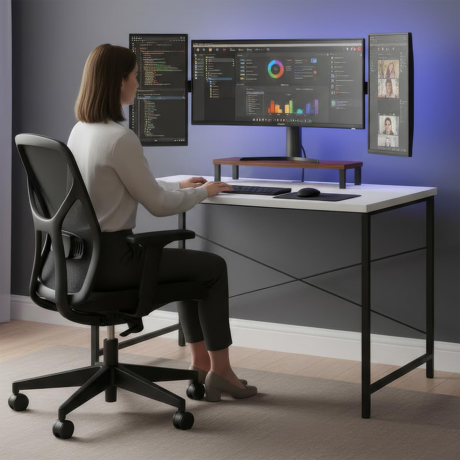 FURLAY Home Office Computer Desk with Monitor Shelf, Modern Writing Desk with Wood Top & Metal Frame, Small Study Table Workstation for Laptop, Gaming & Bedroom - (100 x 60 cm, Vertex - White)-image-4