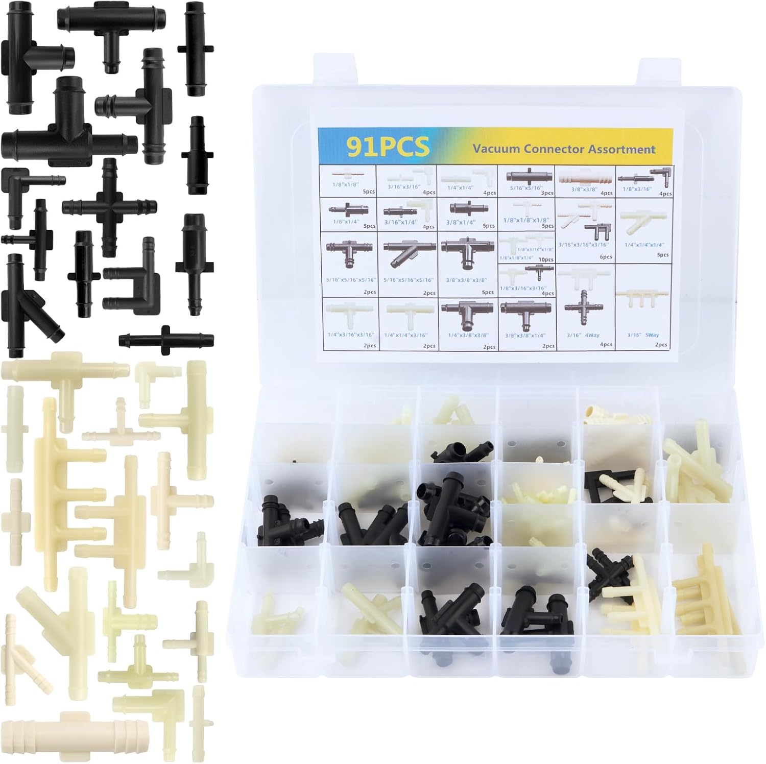 91PCS Vacuum Line Connectors Kit,32-Size Automotive Vacuum Hose Connector Kit Includes 1/8" 3/16" 1/4" 5/16" 3/8",Vacuums Tubing Connectors Kits Tee Straight with Storage Box