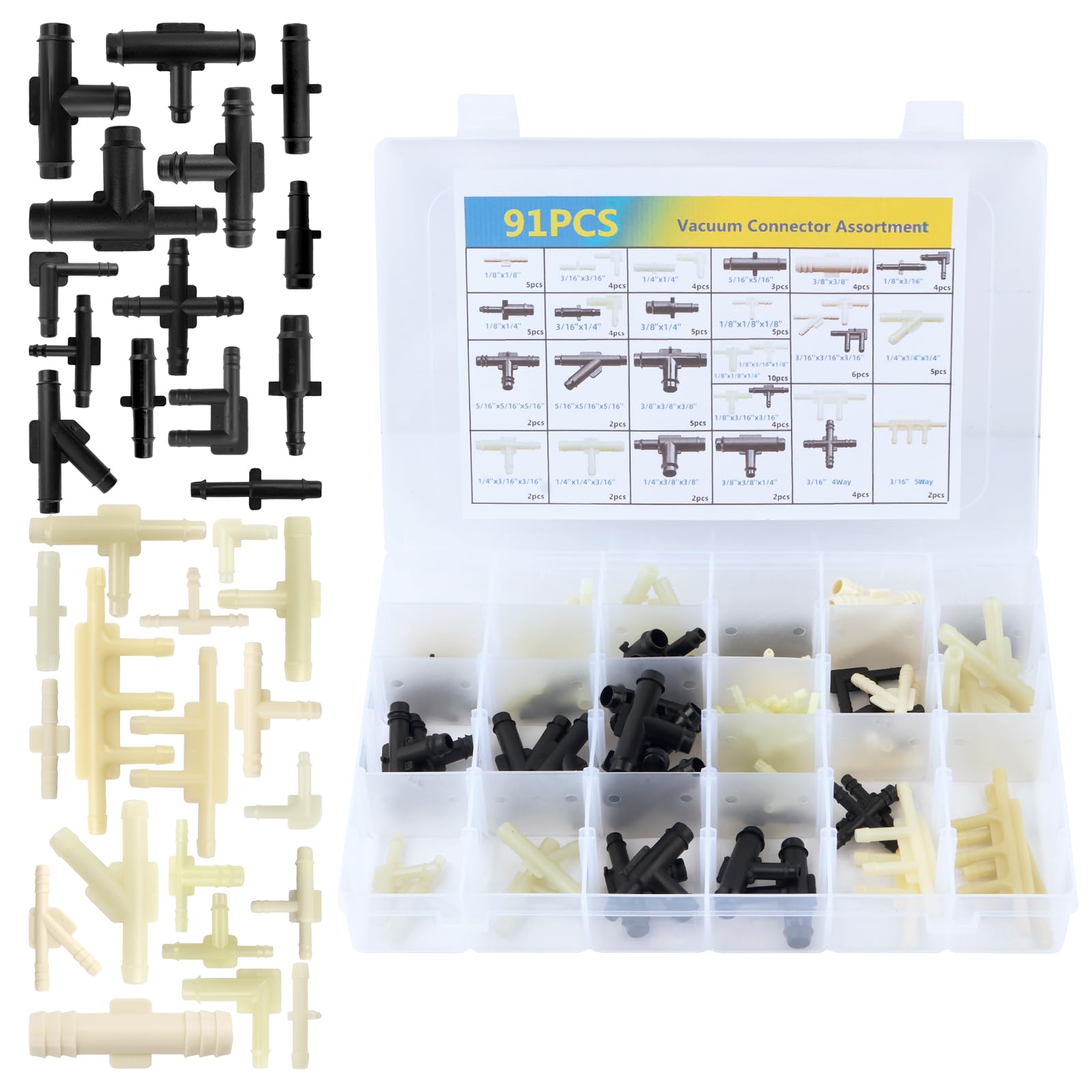 Kit de 91 conectores de línea de vacío, kit de conectores de manguera de vacío automotriz de 32 tamaños que incluye conectores de tubo de aspiradora de 1/8 pulgadas, 3/16 pulgadas, 1/4 pulgadas, 5/16
