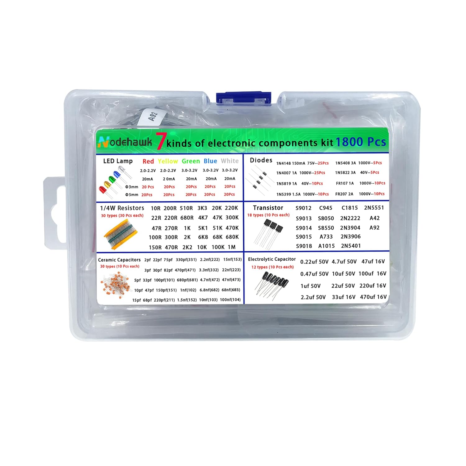 HOME 1800pcs Electronic Components Kit: LEDs, Resistors, Capacitors, Transistors, Diodes - Premium DIY Electronics Starter for Hobbyists & Beginners