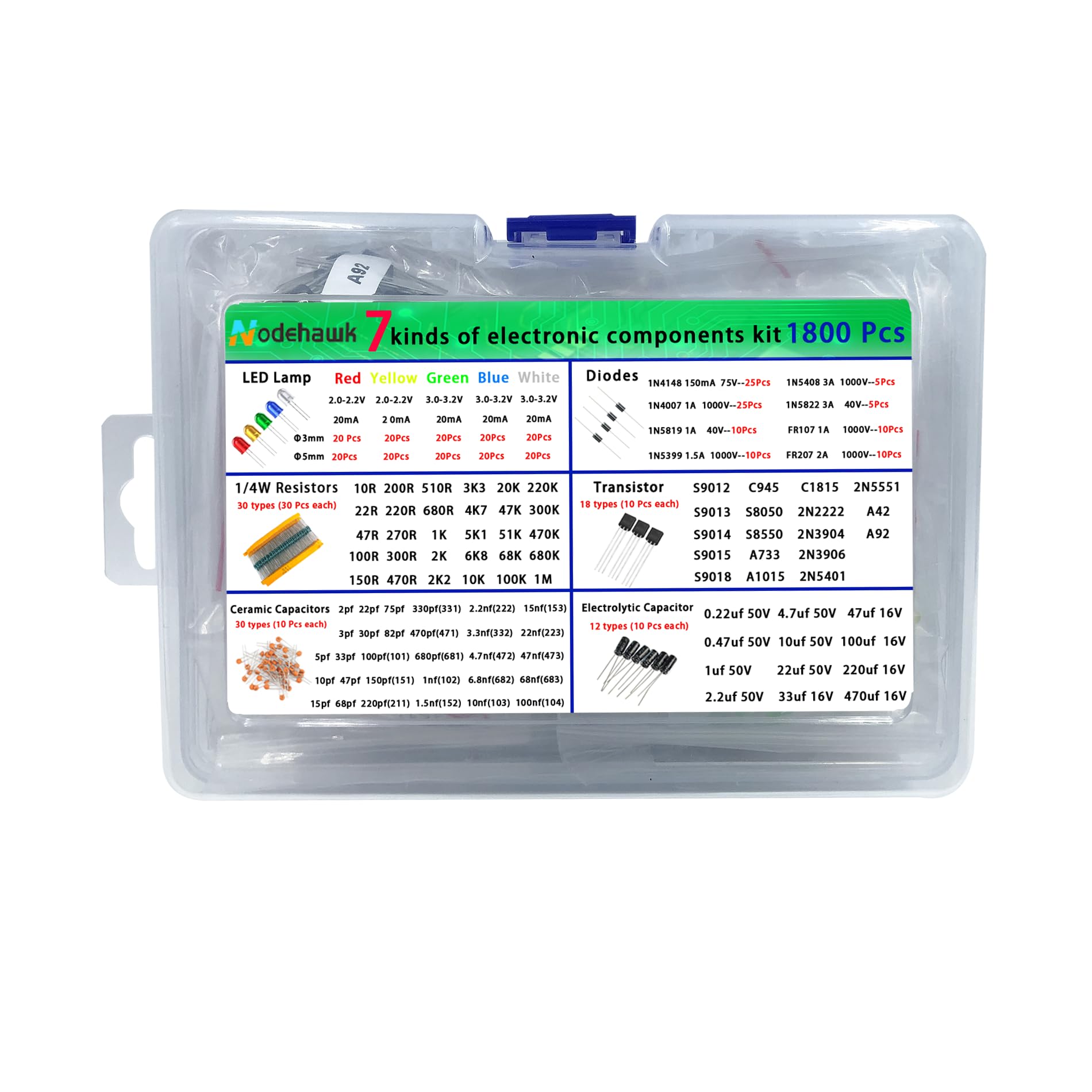 1800 Pcs Electronic Component Kit - 7 Types LED Diodes, Resistors, Capacitors, Ceramic Capacitors, Transistors, Diodes - for DIY Projects, Electronics Hobbyists