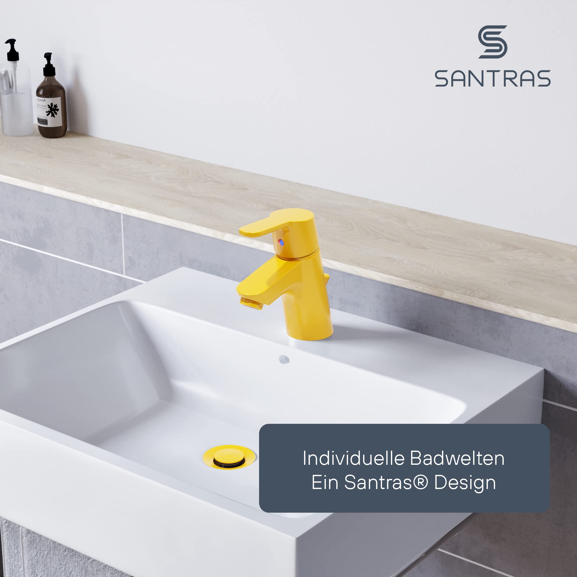 SANTRAS® Bateria umywalkowa do łazienki z wyciągiem w kolorze żółtym – jednouchwytowa bateria mieszająca ciepła zimna do jednego otworu, umywalka kran, Made in Germany