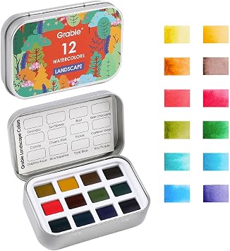 Grabie Pocket Watercolor Set of 12, Travel Watercolor Paint Set, Watercolor Paints, Art Supplies for Painting, Great Watercolor Set for Artists, Amateur Hobbyists and Painting Landscape Colors