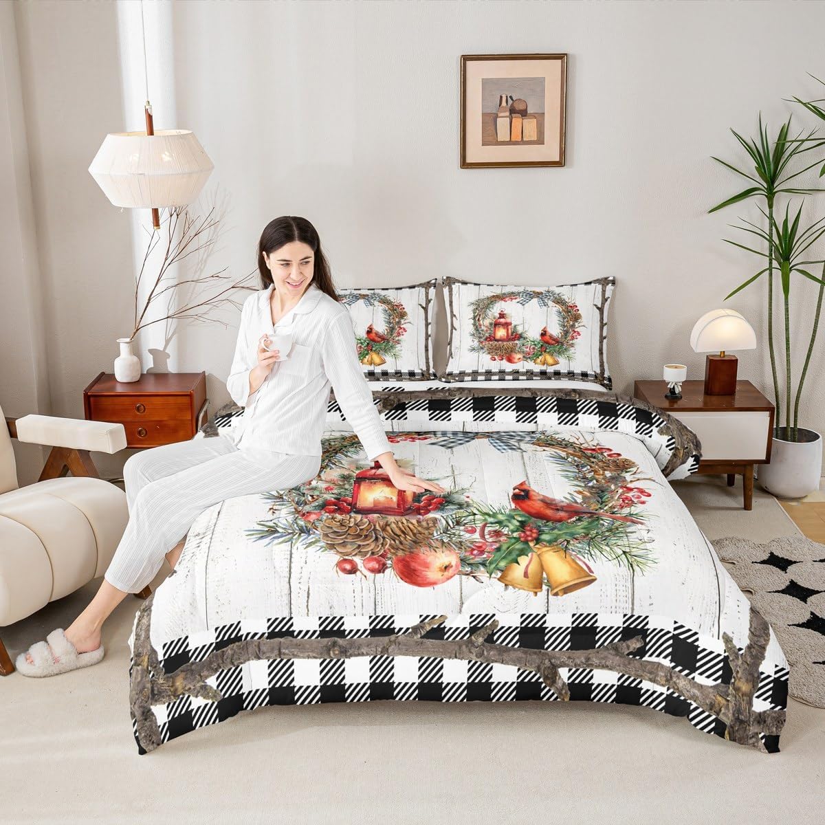 Cardinal Bedding Comforter Full Size, Christmas Xmas Decor Comforter Set Bird and Branch Garland Printed Duvet Quilt with 2 Pillowcases, Soft Microfiber Black White Grid