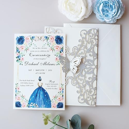 Miniatura 5 de KUCHYNEE 50 tarjetas de invitación de boda de 5 x 7.3 pulgadas, corte láser plateado, con mariposa y sobres para quinceañera, despedida de soltera,