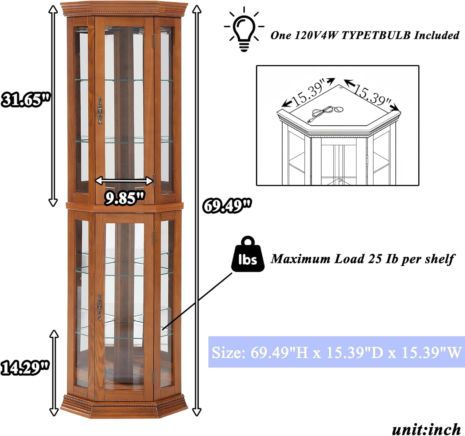 Lighted Corner Curio Cabinet with Tempered Glass Doors, 69" H Wooden Glass Storage Showcase with Adjustable Glass Shelves, Curved Corner Storage Rack Display Cabinet for Living Room (Oak)