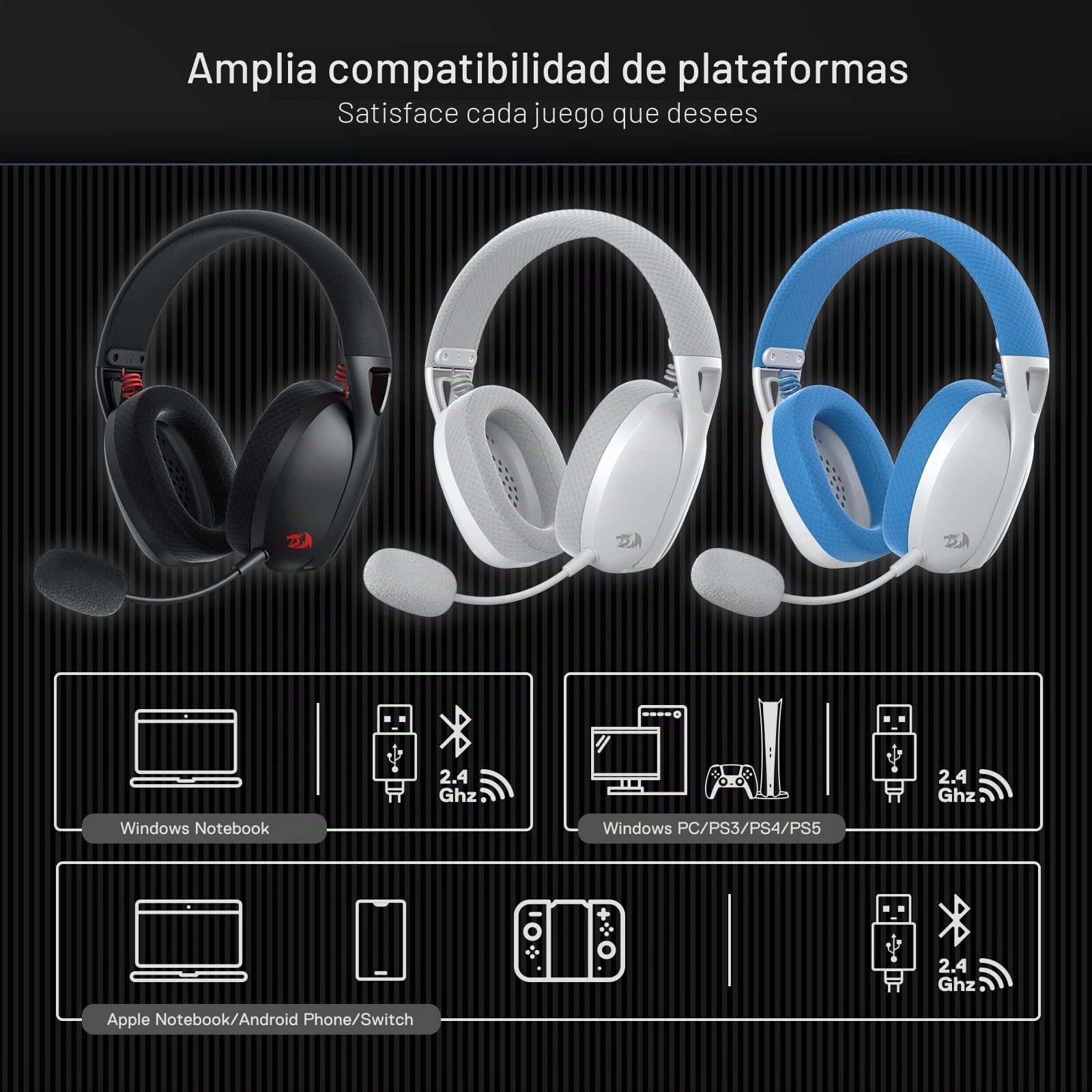 Redragon H848 Auriculares inalámbricos BT para Juegos - Ligeros - Sonido Envolvente 7.1 - Controladores de 40MM - Micrófono Desmontable - Multiplataformas para PC, PS5/4/3, NS, Móviles