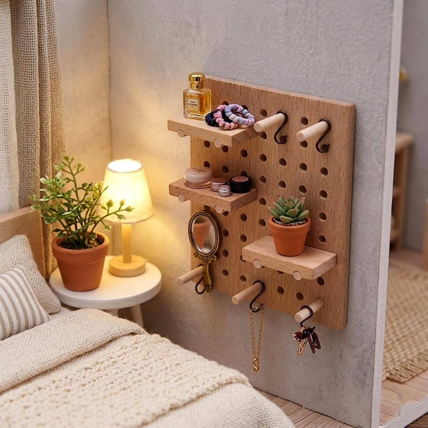 LOGOFUN 2pcs Solid Wood Miniature Wall Pegboard for Bjd Dollhouse Scene Storage Props and Decorations Accessories