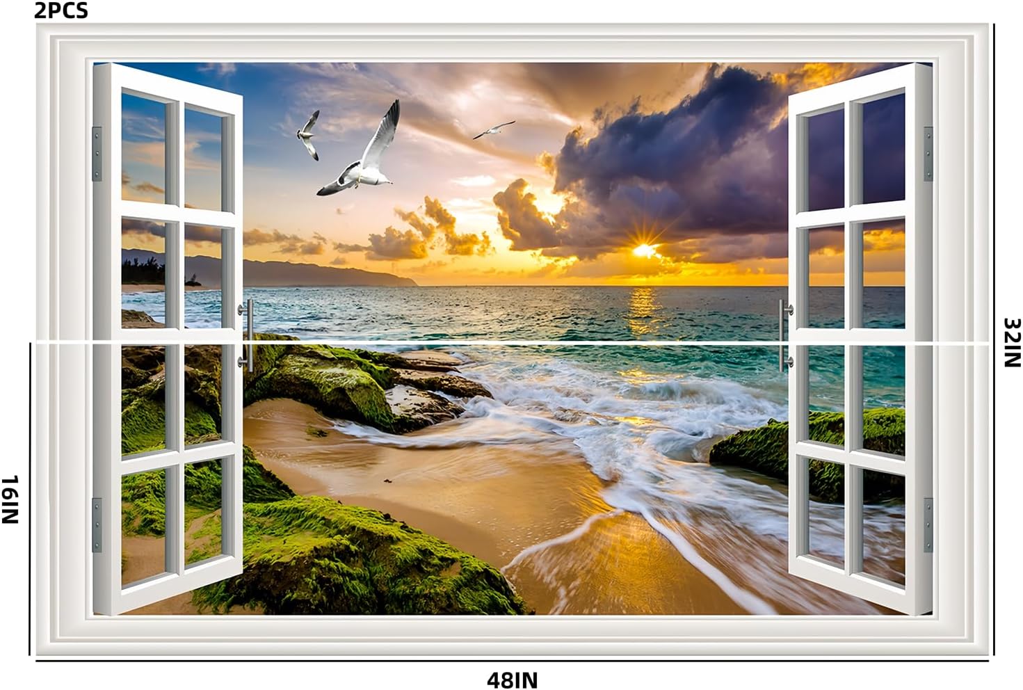 3D Self-Adhesive Painting Fake Window Wall Stickers Tropical Island with Palm Trees Wall Mural Window View Wall Decor for Home (F, 48"×32")
