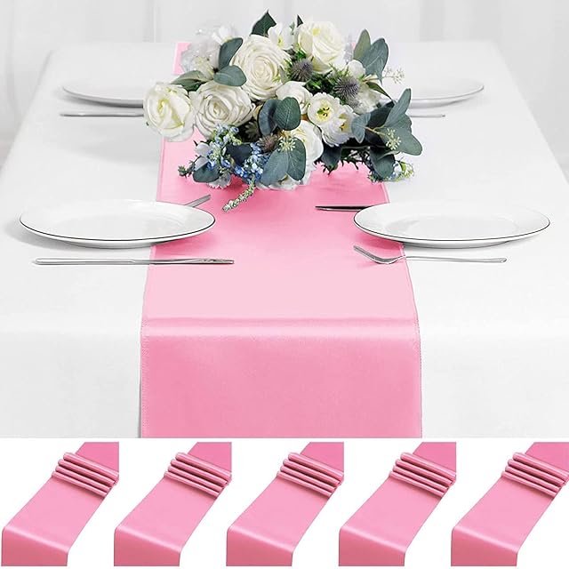 Newthinking 10 Pack Satin Table Runner Pink, 12x108 Inch Long Silk Table Runner for Wedding Party Birthday Banquet