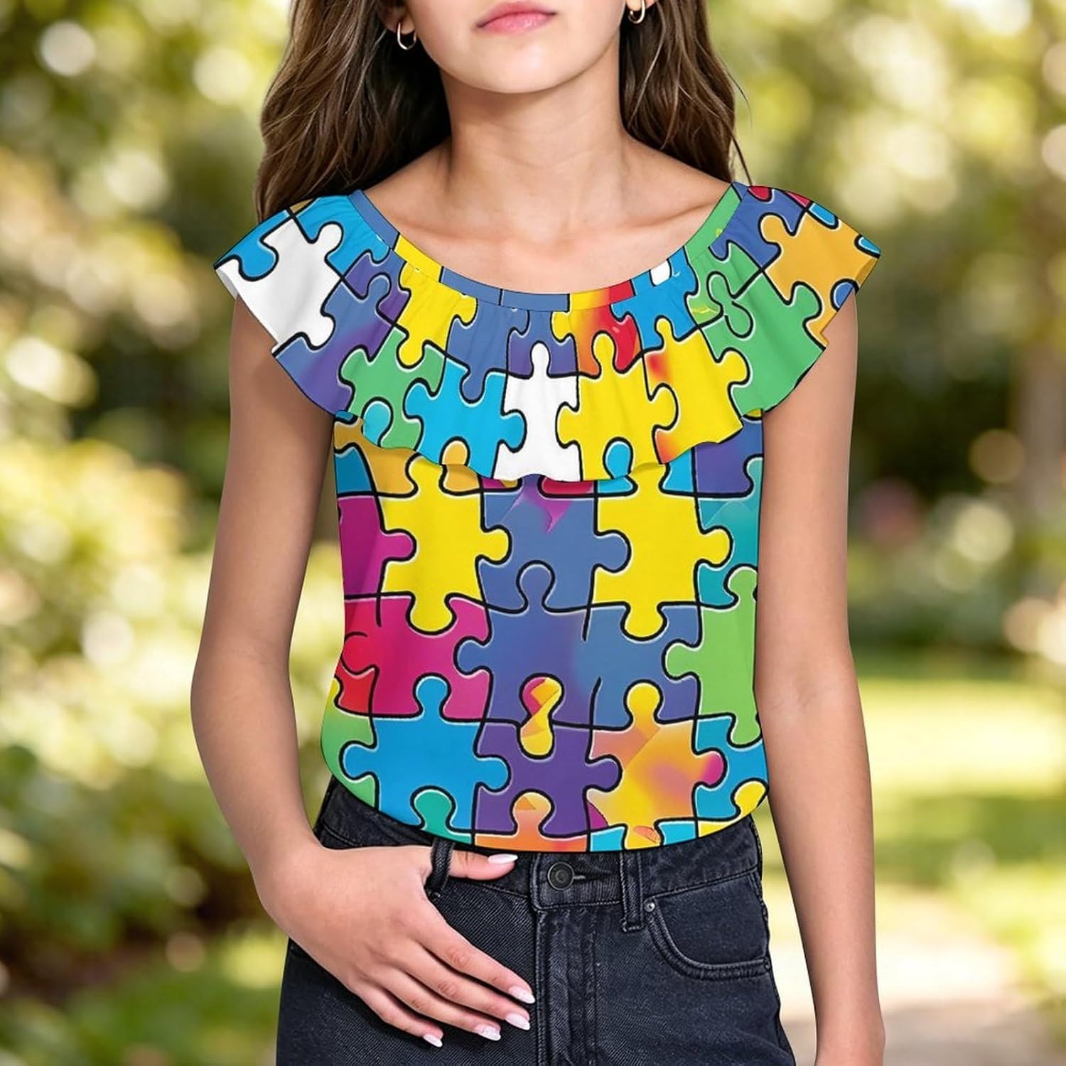 Autism Awareness Girls T-Shirts Top Ruffle Short Sleeve Blouse Casual Graphic Tees