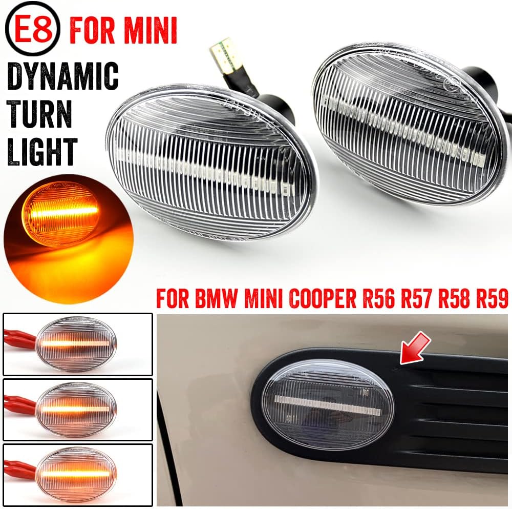 2pcs Dynamic Sequential LED Side Fender Marker Light Lamp Indicator Compatible with MINI R56 R57 R58 R59 2007-2013-Crystal white