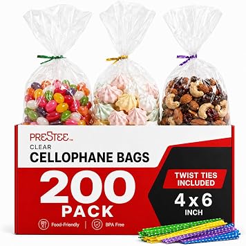 Prestee 200 Pack Clear Plastic Cellophane Bags with Twist Ties - 4x6 Inch Bulk Clear Gift Bags for Favors, Candy, Cookies - Food Safe Goodie Bags with Ties, Suitable for Baby Showers, Parties, Events