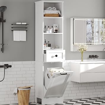 66.9 Tall Bathroom Cabinet with Laundry Hamper, Slim Freestanding Storage Cabinet with 3 Open Shelves, 1 Drawer, Removable Laundry Basket, for Bathroom, Kitchen, Hallway, White