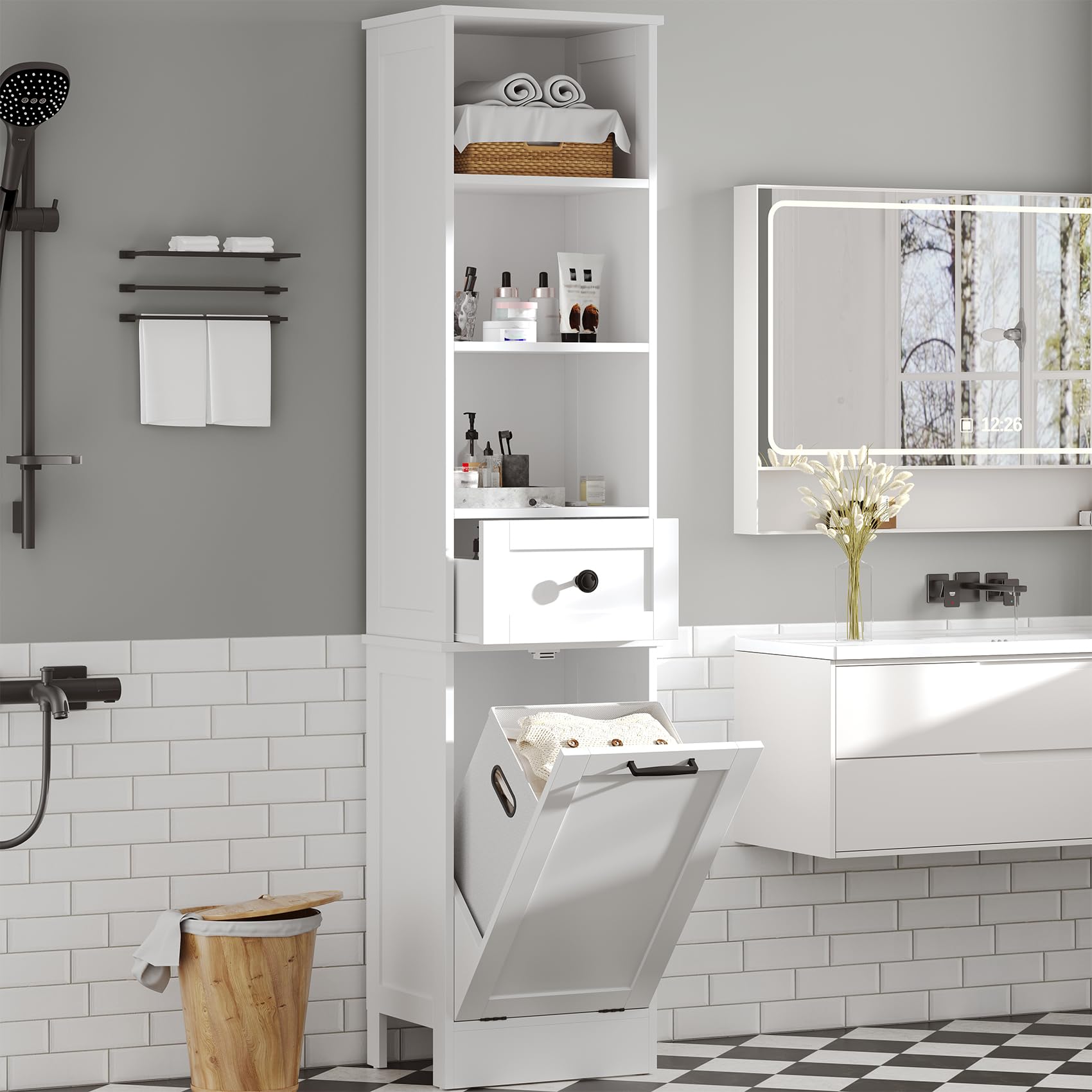 Feonase Tall Bathroom Cabinet with Removable Laundry Basket, Slim Freestanding Storage Organizer with 3 Open Shelves and 1 Drawer for Bathroom, Laundry, Hallway White