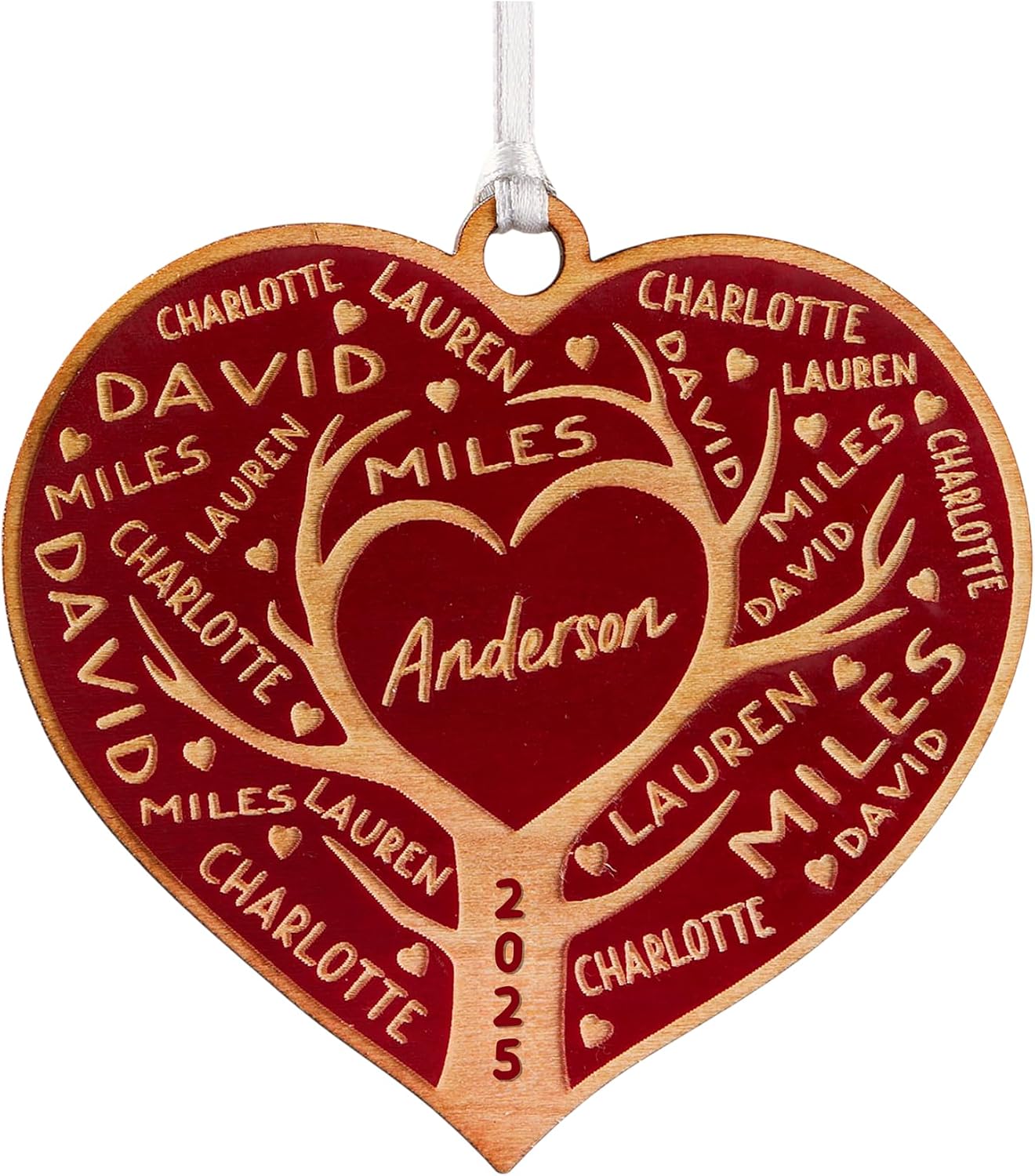 Personalization Universe Family Tree of Love Personalized Wood Ornament - Christmas Decorations - 21 Names - Whitewash Maple - Ribbon Included - Unique for 2025