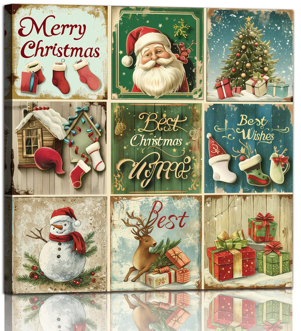 Christmas Wall Art Decor Vintage Christmas Tree Decorations for Bedroom Santa Claus Pictures for Wall Winter Landscape Canvas Art Prints Painting for Room Holiday Decoration Gifts for Living Room Home Pub Bar Office Kitchen(24×24inch)