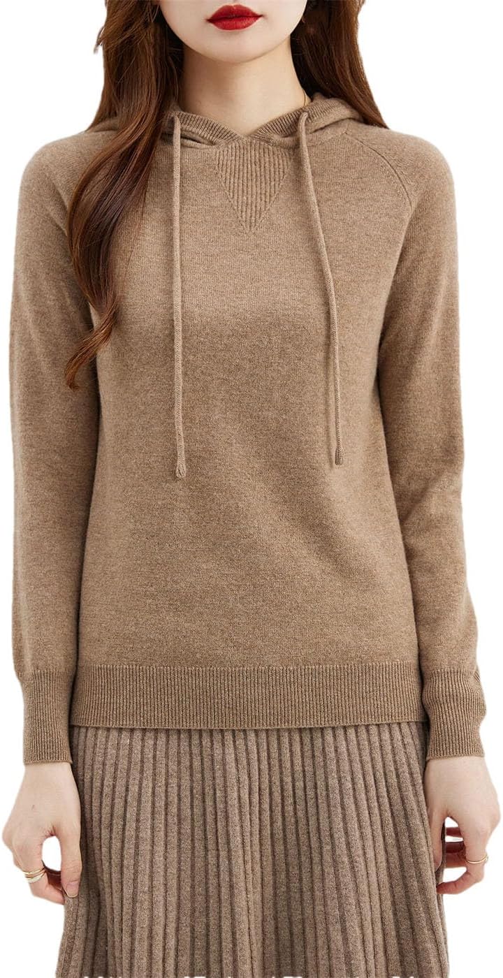Women's Long Sleeve Knit Pullover Sweater 100% Merino Wool Drawstring Hoodies Fall Winter Warm Sweatshirt