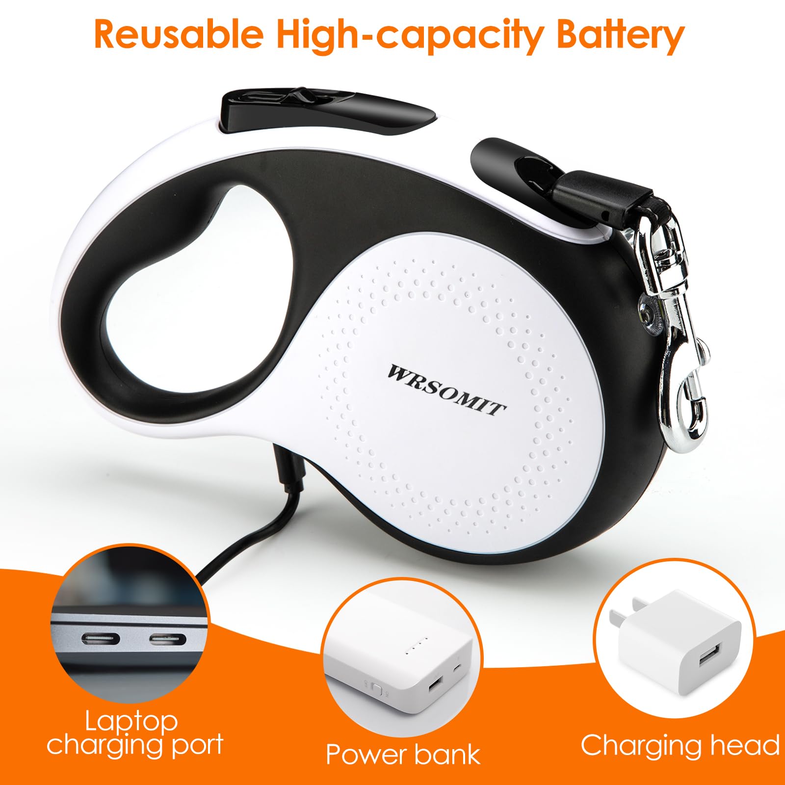 Correa retráctil para perros con cable resistente a mordeduras y linterna led, 5 m, para perros medianos y grandes hasta 50 kg, giro 360° sin enredos, alta resistencia, blanco