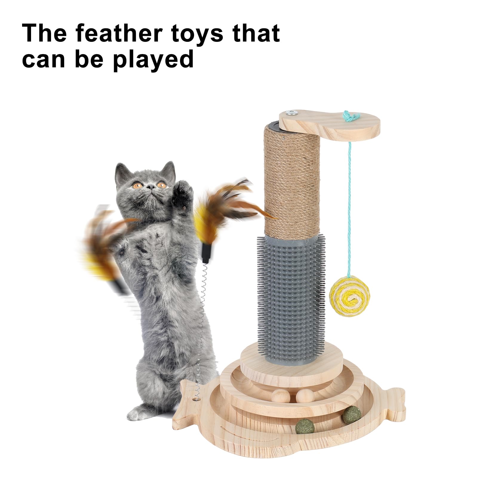 TOTHDATE Colonne à Chat 4 En 1 En Bois - Corde En Sisal - Jouet Pour Chat Avec Balle Suspendue, Balle à Friandises, Plateau Tournant - Boule D' Alimentation - Jouet Intelligent Pour