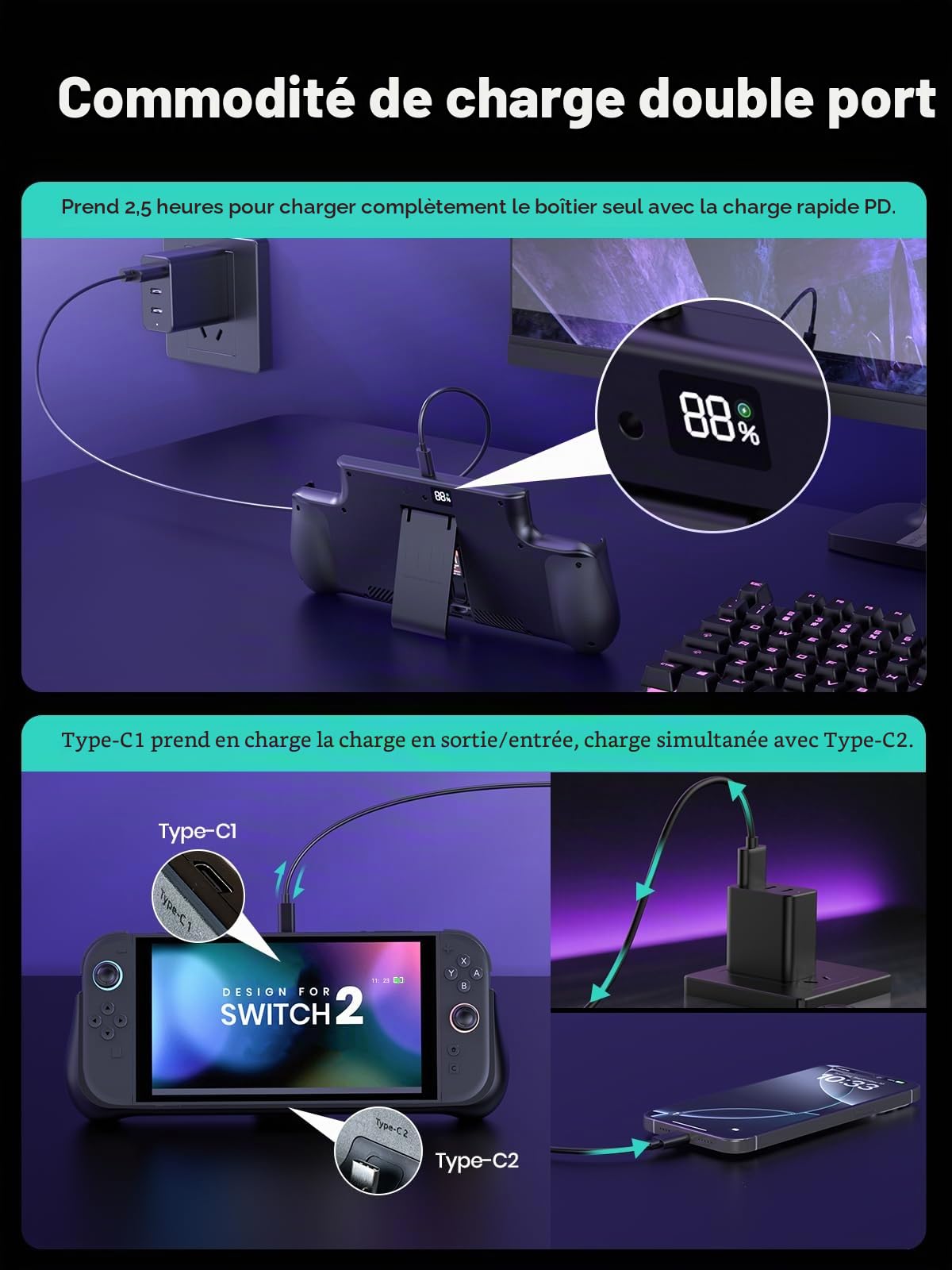 GagaKing Coque Batterie pour Nintendo Switch 2, boîtier de Recharge Rapide PD/QC 10000mAh – écran LED, Ports USB-C, 2 emplacements pour Cartes de Jeu et Support intégré