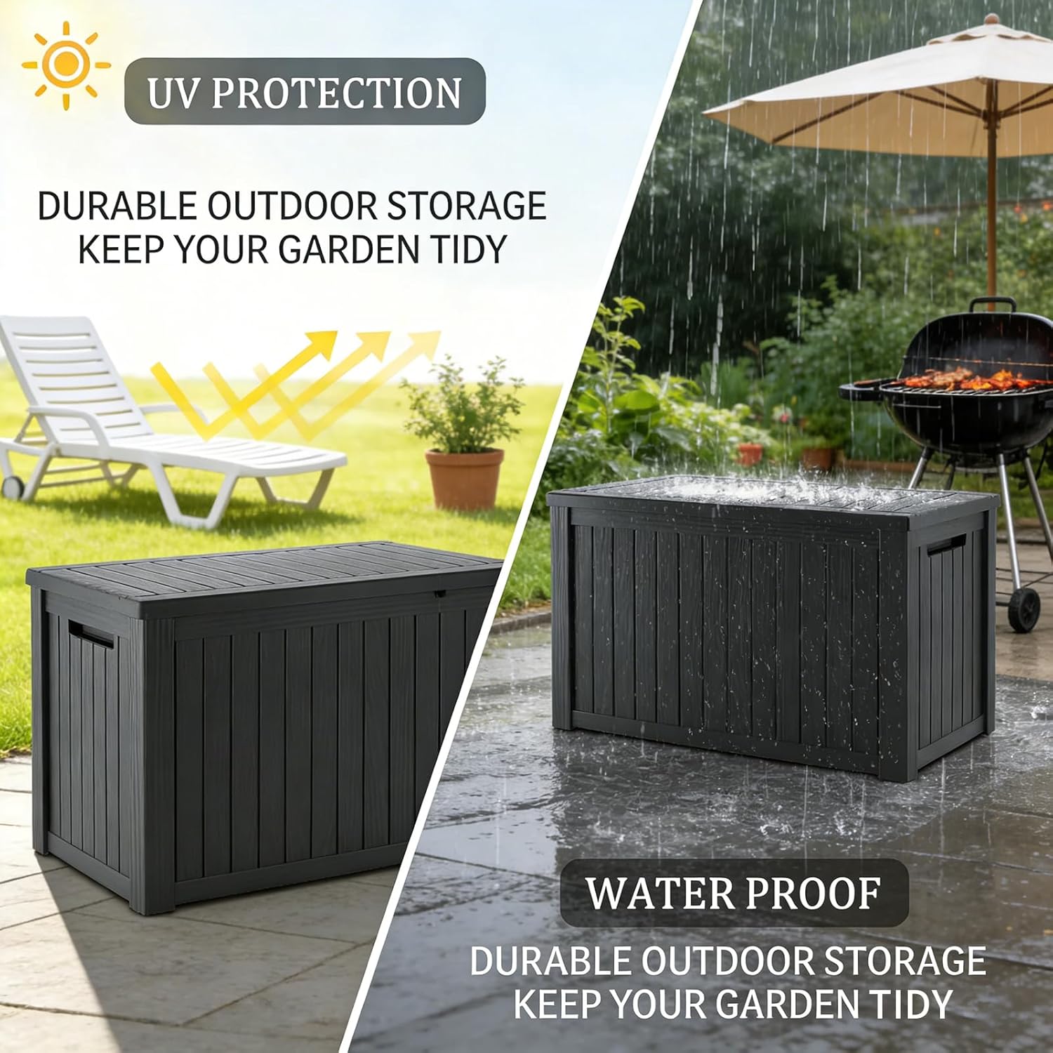 230 Gallon Lockable Resin Deck Box, Waterproof Outdoor Storage Box for Patio Furniture Cushions, Garden Tools & Pool Accessories Storage, Black