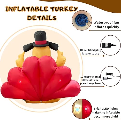 Miniatura 3 de Decoración inflable de césped de pavo de Acción de Gracias, 6 pies, gigante, inflables de pavo al aire libre, decoraciones de patio con sombrero de