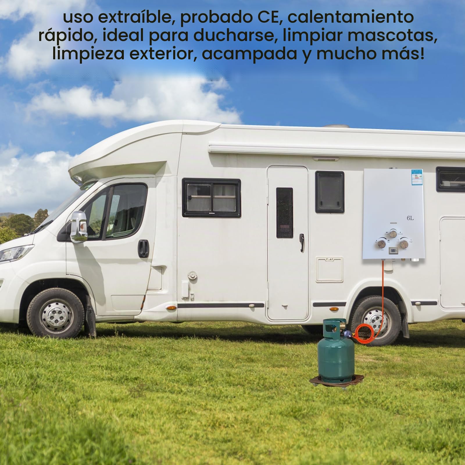 Calentador de Agua a Gas, Calentador de Agua a Gas Instantáneo 12kW LPG GPL al Butano Propano Modos Invierno Y Verano, Protección Contra Sobrecalentamiento, Con Alcachofa de Ducha Y Fontanería (6L)