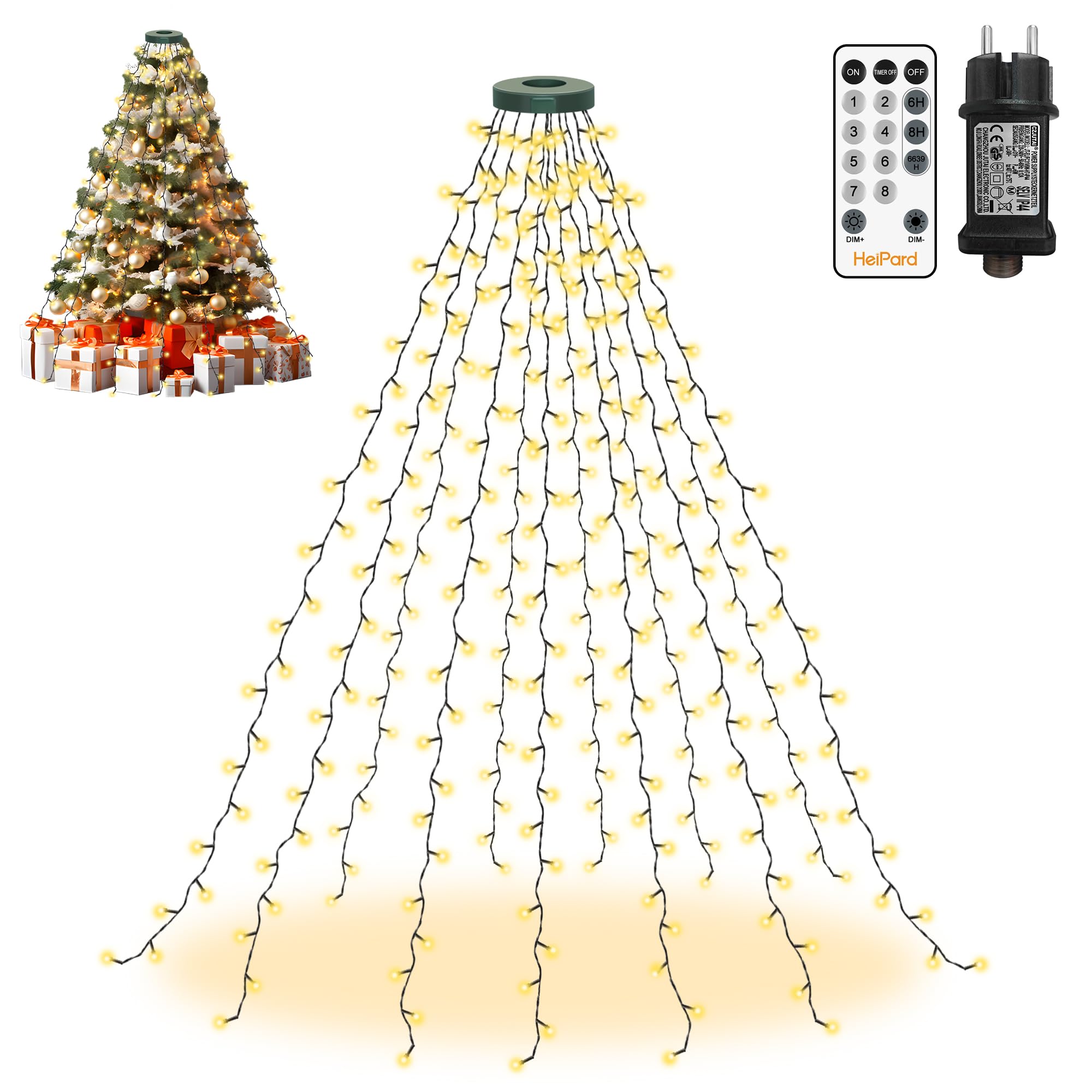 HeiPard Guirlande lumineuse pour sapin de Noël avec anneau, 3m 360 LED, 12 fils, minuterie, 8 modes d'éclairage, étanche, Noël intérieur/extérieur pour sapins de 240cm-350cm, blanc chaud