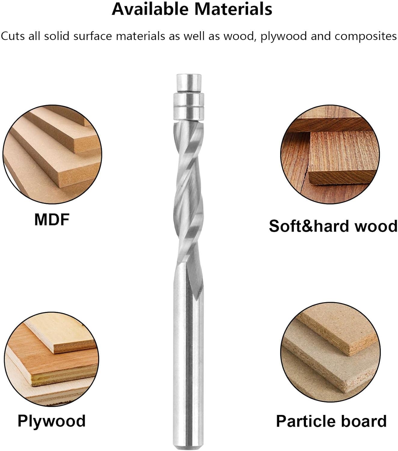 SpeTool 5PCS Upcut Spiral Flush Trim Router Bits Set with 1/4" Shank,3" OVL Carbide Bottom Bearing Spiral Bit for Woodworking Trimming