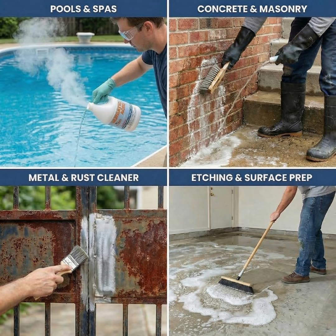 Muriatic Acid for Swimming Pools & Spas – Pack of 4 Gallons, Lowers pH, Muriatic Acid for Pools (HCL), pH Reducer for Water Balancing