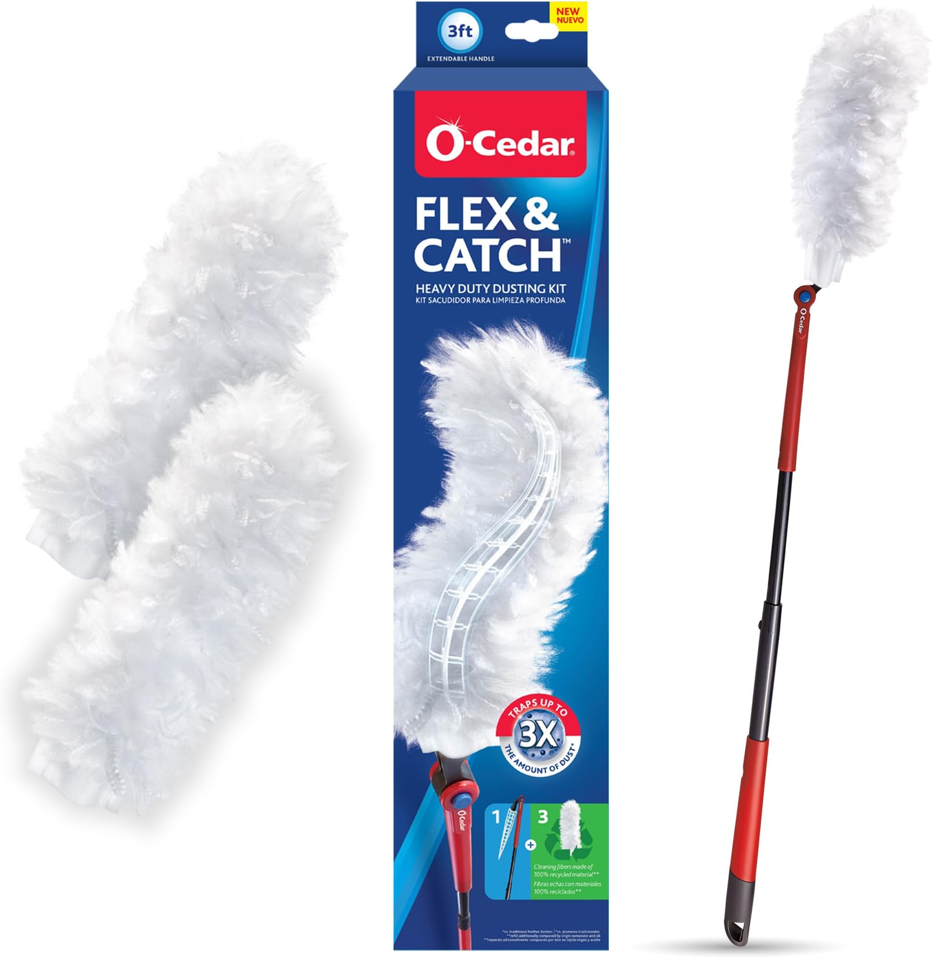 O-CedarFlex & Catch Heavy Duty Dusting Kit with 3 Disposable Duster Refills | Extendable 3 Ft Handle with Stay-On Duster Hook | Traps 3X More Dust Than Feather Dusters