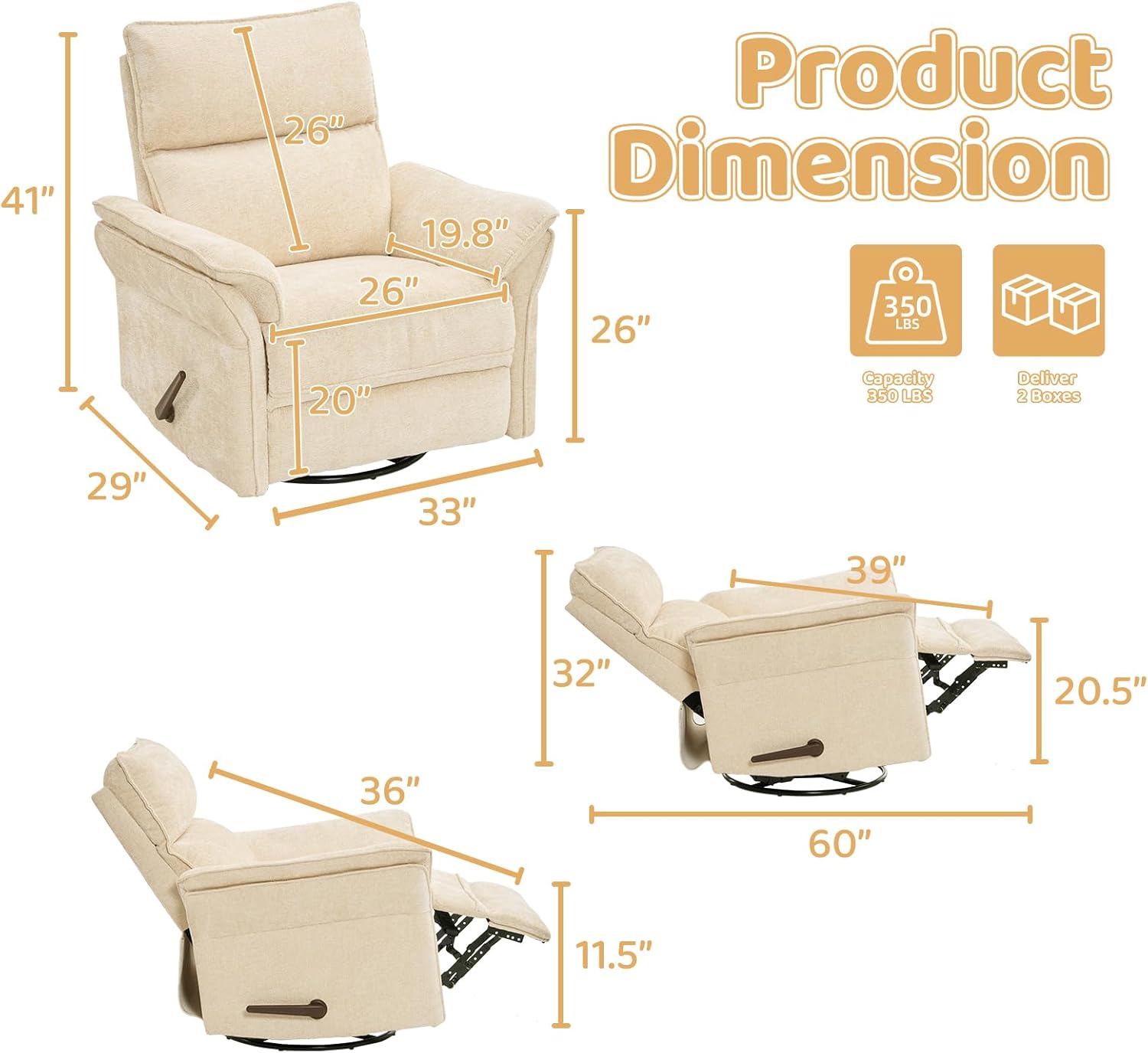 Oversized Rocking Chair Nursery with Adjustable Headrest, 26" Wide Swivel Rocker Recliner Nuresry Chair with Overstuffed Armrest,Manual Rocker Recliner for Nursery,Beige