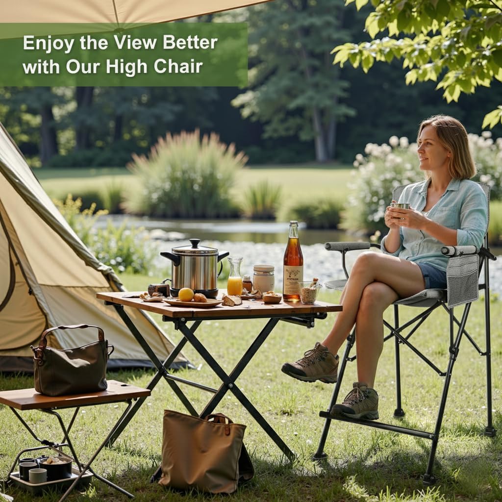 LANMONTAIN Extra Tall Folding Camping Chairs,30.7'' Seat Height Portable Hard Arm Bar Chairs w/Cup Holder,Side Mesh Pocket and Footrest,Heavy Duty Support 350 Lbs Comfy Director Chairs,Black&Grey