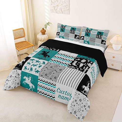 Miniatura 4 de Erosebridal Juego de ropa de cama personalizado con diseño de carrera de barril, colcha occidental a cuadros, juego de edredón con estrellas