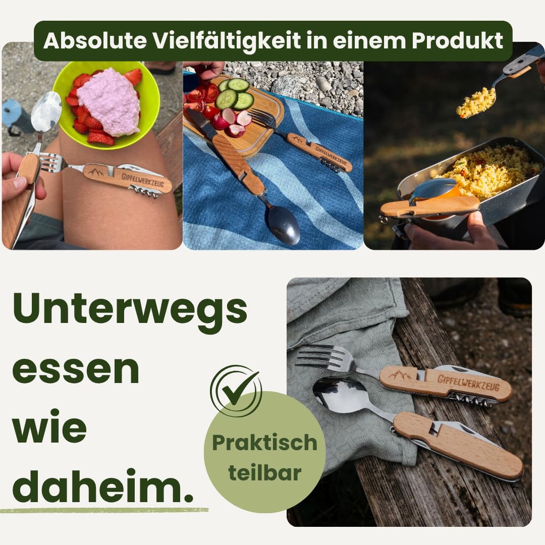 Gipfelgaudi All-in-One Camping Besteck: ideal zum Wandern, Picknick & mehr I Plastikfreies Besteck To Go aus rostfreiem Edelstahl & Holz