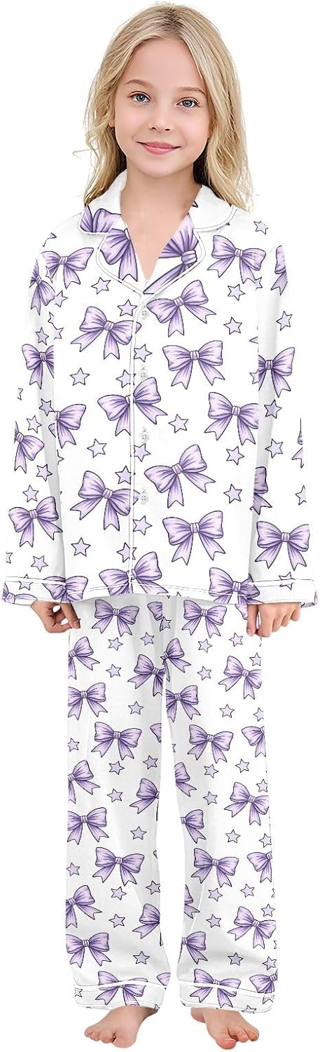 Kids Casual Satin Wear Set Purple Bow Star Pattern Unisex Relaxed Fit Clothing