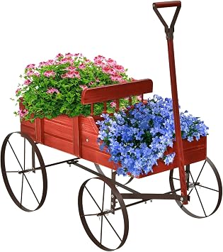 Decorative Garden Planter Cart Box with Metal Wheels, Wood Garden Backyard Planter Bed Pot Stand Shelf for Indoor/Outdoor Use Red