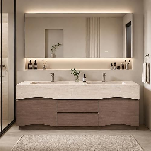 72 in Double Sink Bathroom Vanity with Marble Top - Freestanding Modern Bathroom Vanity Cabinet with Ample Storage and Solid Wood Construction | Smart Defogging Mirror | Seamless Stone Sink