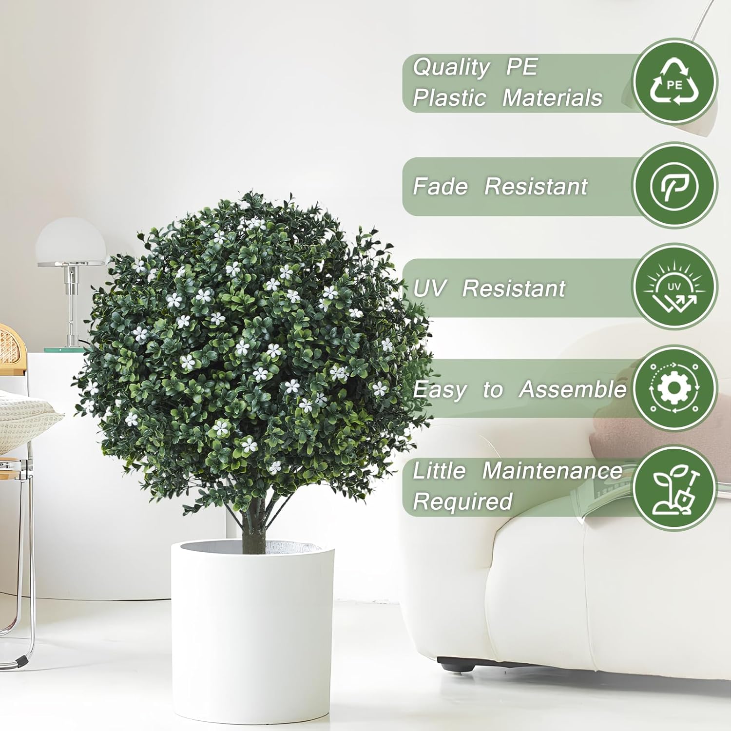 24" Artificial Boxwood Topiary Ball Bush with White Flowers, Set of 2 Artificial Shrub Bushes with Spike, Fake Evergreen Tree for Porch, Artificial Plants for Outdoor Planters Indoor UV Resistant - Image 7