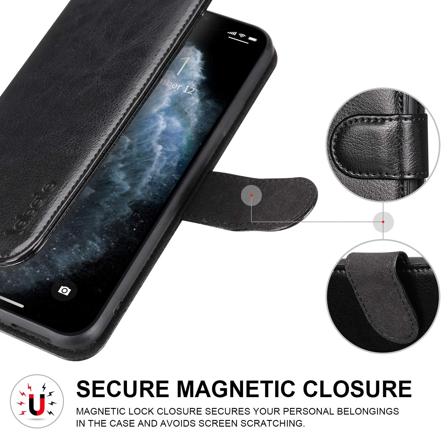 labato iPhone 11 Wallet Case, Leather iPhone 11 Case with Credit Card Holder Slot Magnetic Closure Shockproof Flip Stand Case Cover Support Wireless Charging for Apple iPhone 11 6.1 inch Black