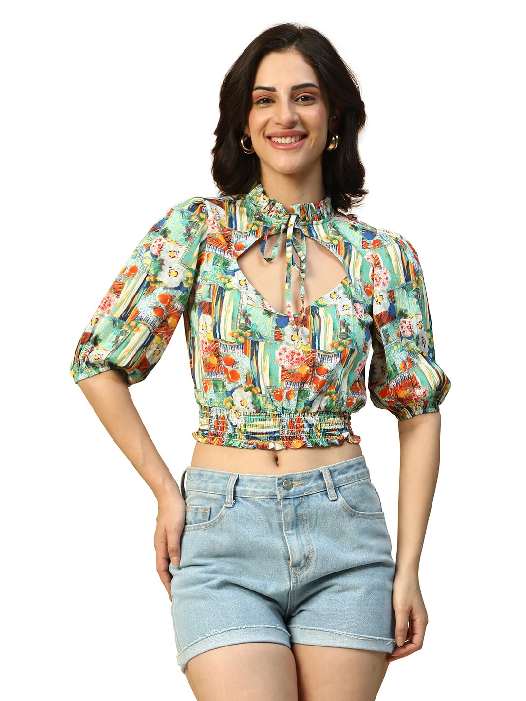 oxolloxo Women Printed Keyhole Neck with Tie-Up String Smocking Detail Short Sleeve Crop Top
