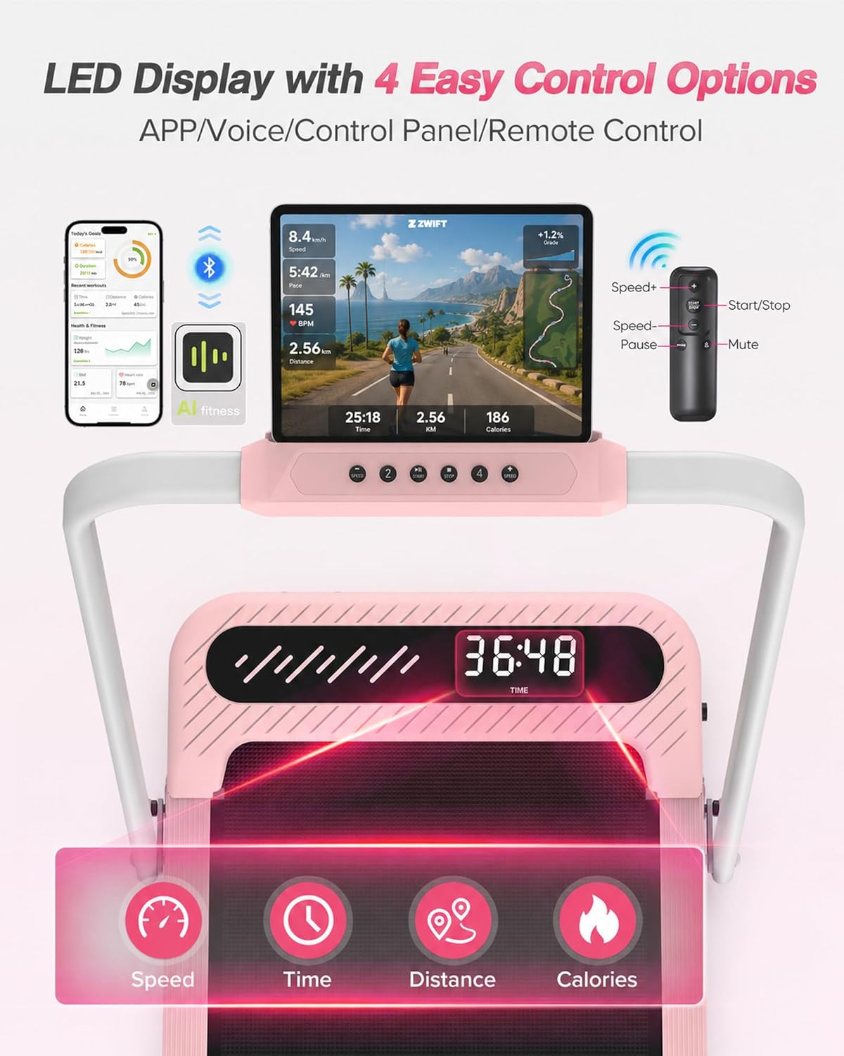 WELLFIT Foldable Treadmill with Incline, 350 LBS Capacity Walking Pad with Handle Bar, Portable Walking Pad Treadmills for Home, Under Desk Treadmill with App & Remote Control, Wide Belt, LED Display image 4