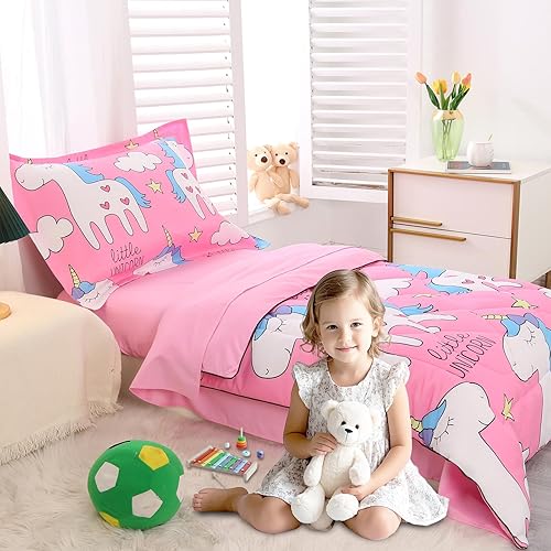 Vista 15 de Wowelife Juego de ropa de cama de unicornio para niñas pequeñas, juego de sábanas de 4 piezas para niños pequeños, juego de edredón rosa para niños