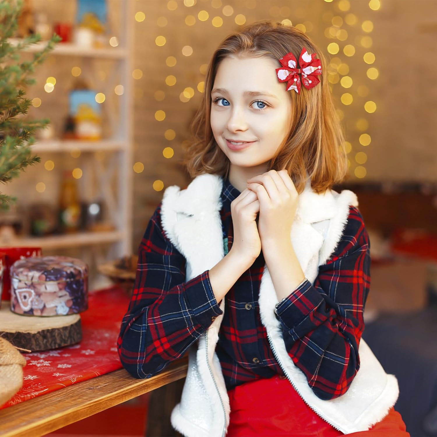 6 PCS Christmas Hair Clips for Women Red and Green Plaid Christmas Hair Accessories Xmas Hair Bows Santa Headdress Hairpin for Gifts Holiday Party Supplies - Image 3