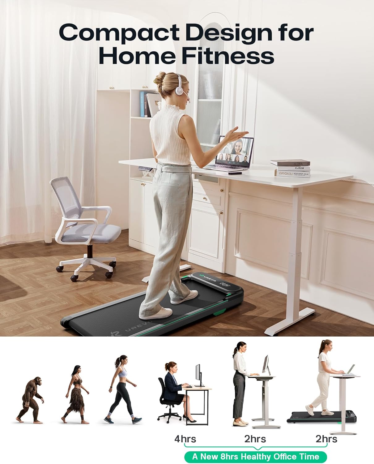 UREVO Smart Walking Pad, Quiet Under Desk Treadmill with APP & Remote, Portable Shock-Absorbing Walking Jogging Machine, Sleek Compact Design for Home Office Fitness image 6