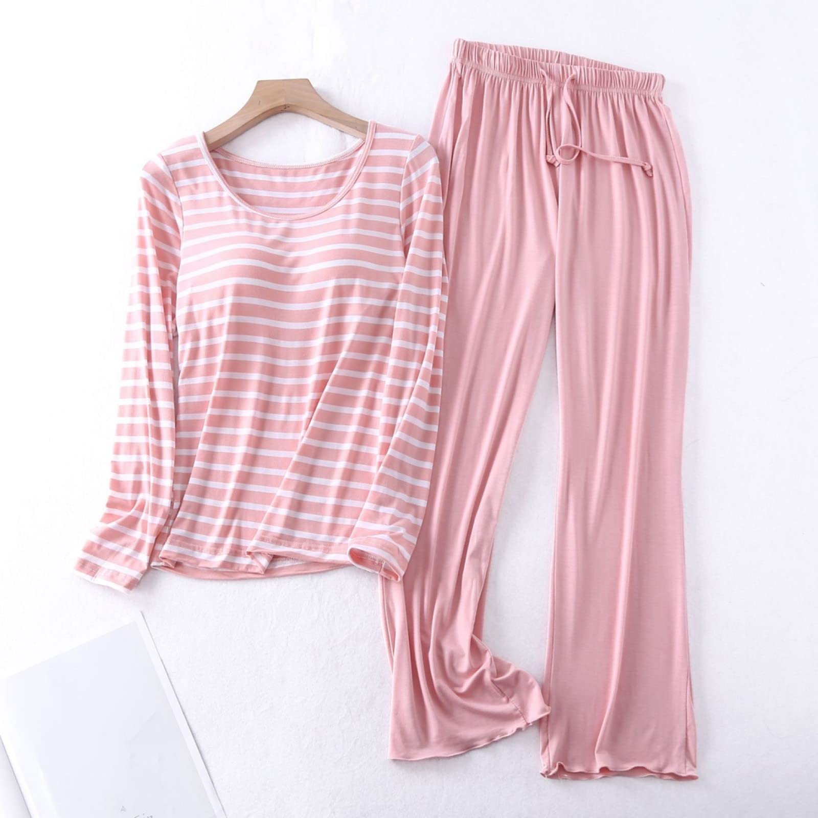 Pijama de Franela de Invierno y otoño para Mujer y Hombre, Conjunto de Sujetador y Almohadillas de algodón Puro para Mujer, Estampado de Rayas Rosas de Moda, Manga Larga + pantalón