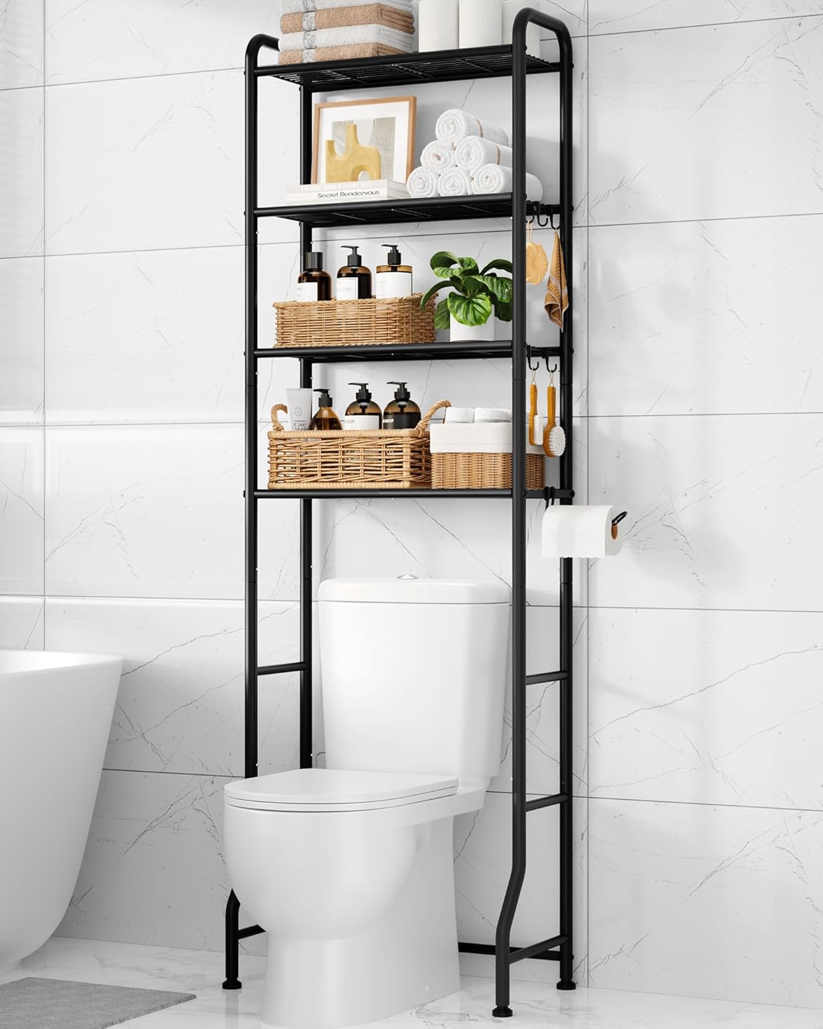 Kitsure Over Toilet Storage Rack - Bamboo Over Toilet Bathroom Organizer Shelf, Over the Toilet Storage Cabinet with Paper Holder, Bathroom Cabinet for Laundry, Natural, 4 Tiers (75.3" H)