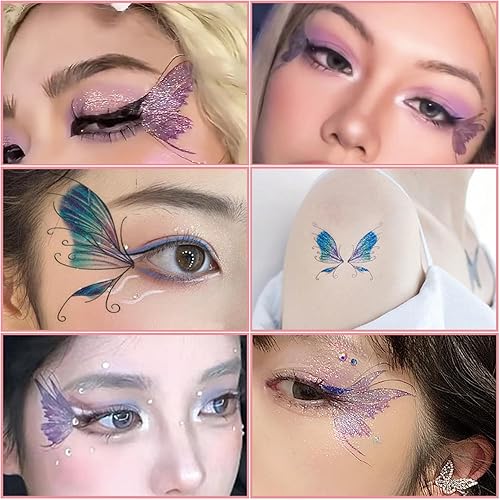 Miniatura 7 de 14 hojas de tatuajes temporales de mariposa con purpurina para decoración de maquillaje de ojos, rostros, calcomanías de tatuaje de arte corporal,