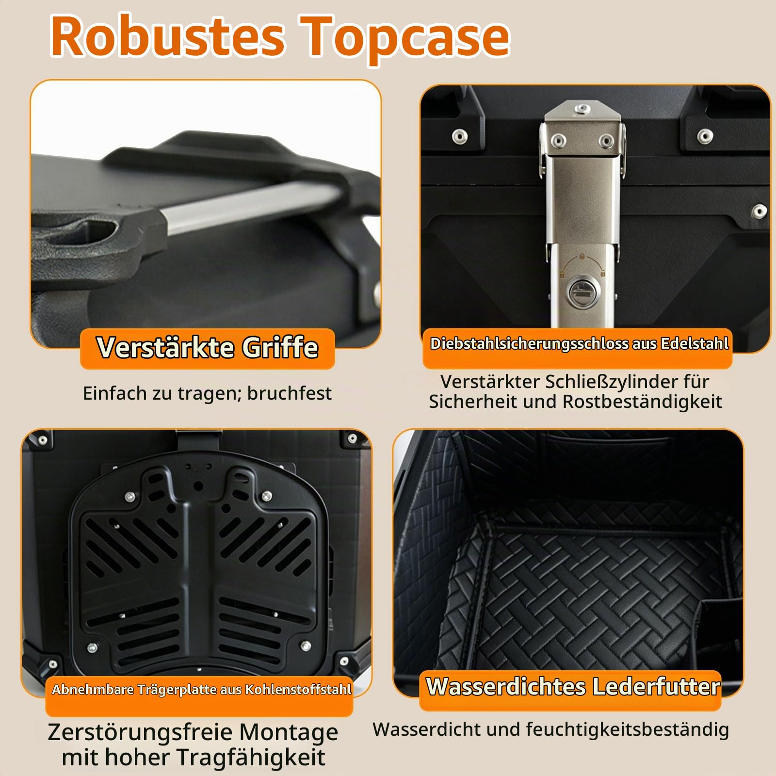 45L Motorrad Topcase wasserdicht mit Sicherheitsschloss, Aluminiumlegierung Motorradkoffer mit Kohlenstoffstahl-Bodenplatte & Diebstahlsicherung mit Federverriegelung, 40*33*33cm für Helm & Zubehör